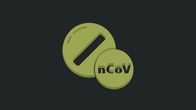 Green Medicine pill or tablet icon isolated on black background. Corona virus 2019-nCoV. Capsule pill and drug sign. Pharmacy design. 4K Video motion graphic animation.