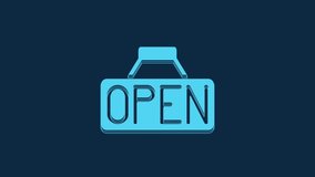Blue Hanging sign with text Open door icon isolated on blue background. 4K Video motion graphic animation.
