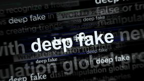 Deep fake hoax false and ai manipulation headline news across international media. Abstract concept of news titles on noise displays loop. TV glitch effect seamless and looped.