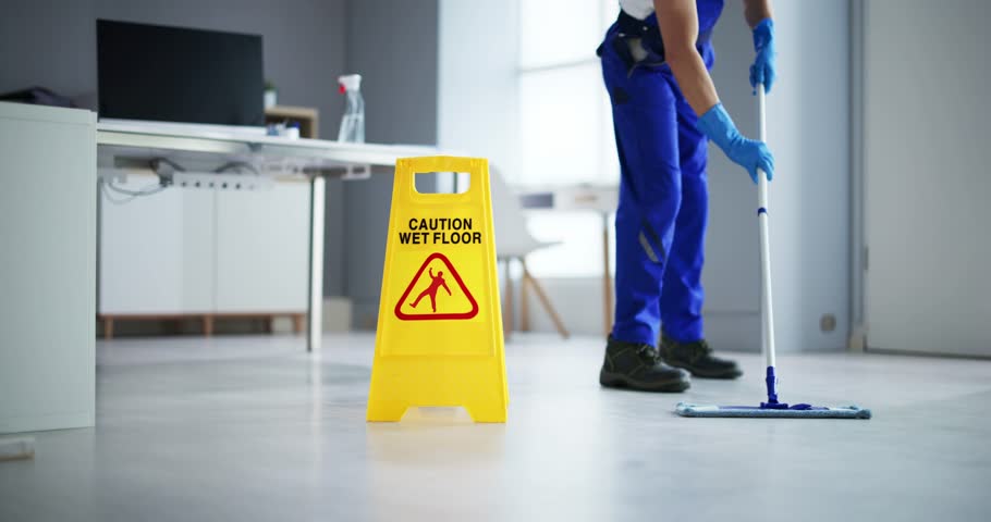 Low Section Of Male Janitor Cleaning Floor With Caution Wet Floor Sign In Office Royalty-Free Stock Footage #1102680031