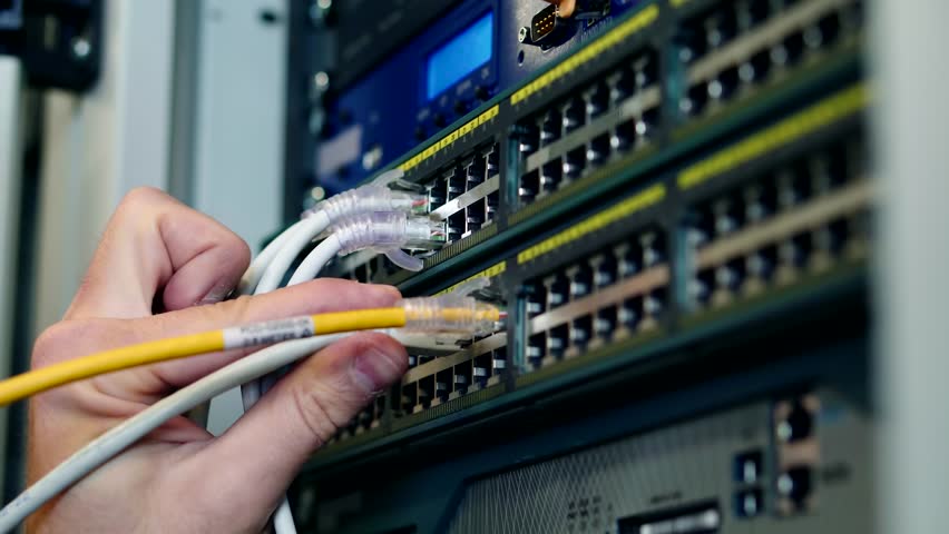Admin Repairing Render Farm. Engineer On Cluster Console In Artificial Intelligence Server Room .Installation Network Hardware. Cryptography Network Server Controller.E-commerce Digitalization Server Royalty-Free Stock Footage #1102681221