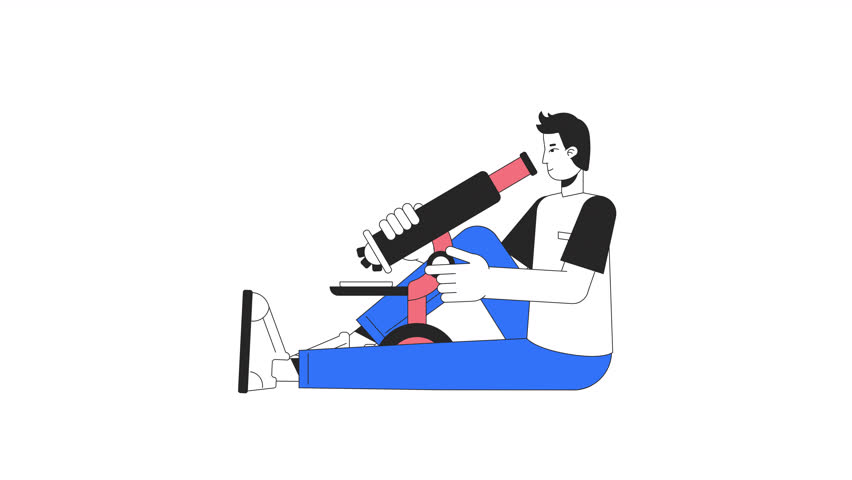 Man adjusting microscope animation. Lab worker analyzing sample isolated 2D cartoon flat colour line character 4K video footage on white background with alpha channel transparency for web design