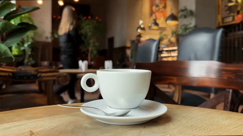 A close-up of white porcelain coffee cup on a saucer on a wooden table in a cafe. Atmosphere of a coffee shop, bokeh lights and people in the background. Lifestyle horizontal video. Royalty-Free Stock Footage #1102685087