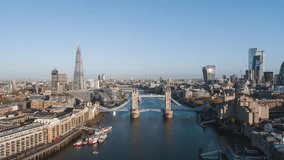 Establishing Aerial View Shot of London UK, United Kingdom, Tower Bridge, slow motion, slo mo, day sunny, track in
