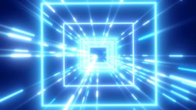 Abstract blue energy futuristic hi-tech square tunnel of flying lines neon magic glowing background, 4k video, 60 fps
