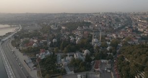 Aerial video at sunrise over the city of Istanbul, Turkey with the Bosphorus river in the background