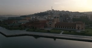 Aerial video at sunrise over the city of Istanbul, Turkey