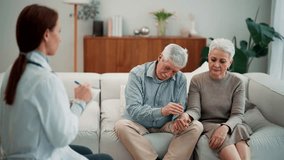 Young woman doctor nurse social worker visits senior couple. Old woman complaints about her health sits on couch with husband at home. Family support, relationship in old age and medical help concept. - Powered by Shutterstock - Get 15% off with code: PIKWIZARD15