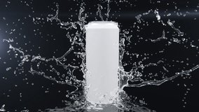 Closeup Slow motion Water splash from back Can Product object isolate on black background. 3D animation. - Powered by Shutterstock - Get 15% off with code: PIKWIZARD15