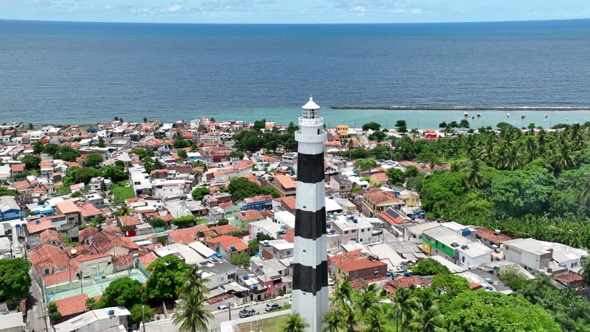 Lighthouse At Olinda Pernambuco Brazil. Lighthouse Beacon. Town Clouds District Urban. Town Drone View District Downtown High Angle View. Town Urban City Landmark. Olinda Pernambuco. Royalty-Free Stock Footage #1102703173