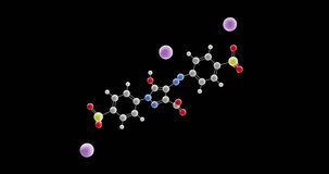 Tartrazine propionate molecule, rotating 3D model of food dye E102, looped video with alpha channel