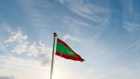 Mauritania national flag waving in beautiful clouds. Flag of Mauritania waving in the wind, sky and sun background. Mauritania Flag Video. Realistic Animation, 4K UHD. 