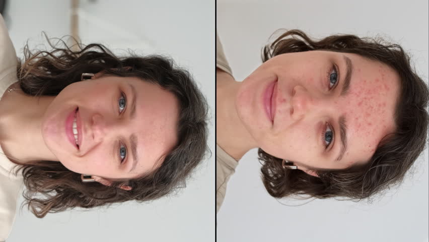 Vertical video. Two faces of young beautiful woman show real result before and after acne treatment. Split screen. Home background. Concept  of acne therapy, scars, inflammation on face, problem skin | Shutterstock HD Video #1102707235