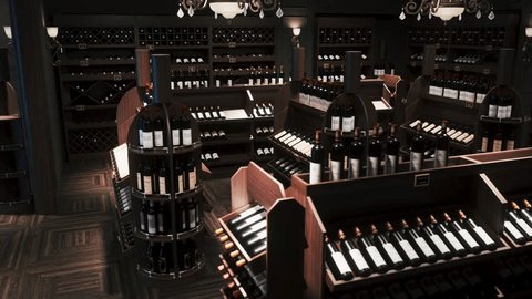 Wooden shelves with alcohol and wine. Wine shop interior. Storage for wine bottles. 3d visualization วิดีโอสต็อก