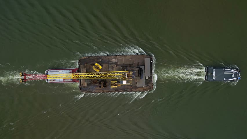 top down aerial view of industrial boat transporting a crane through the canal of Zwijndrecht, The Netherlands
