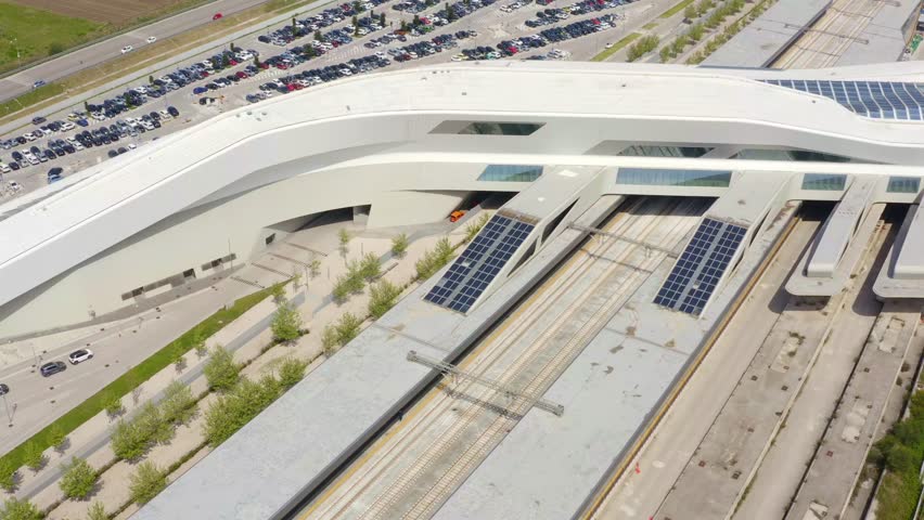 Aerial view of the Naples Afragola railway station. It is an Italian high-speed railway station near Naples and Caserta, in Campania, Italy. It was designed by architect Zaha Hadid.