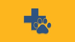 Blue Veterinary clinic symbol icon isolated on orange background. Cross hospital sign. A stylized paw print dog or cat. Pet First Aid sign. 4K Video motion graphic animation.