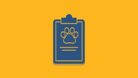 Blue Clipboard with medical clinical record pet icon isolated on orange background. Health insurance form. Medical check marks report. 4K Video motion graphic animation.