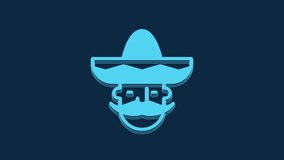 Blue Mexican man wearing sombrero icon isolated on blue background. Hispanic man with a mustache. 4K Video motion graphic animation.