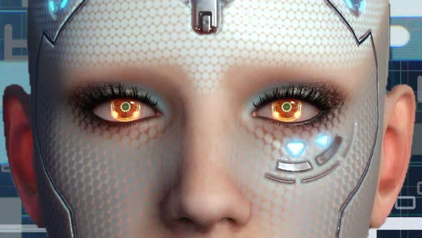 Humanoid cyborg robot with streams of binary data processing in the background Royalty-Free Stock Footage #1102714863