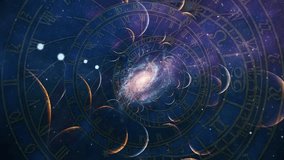 Wheels of Time. Astronomical clock and spiral galaxy. Animated 4K video