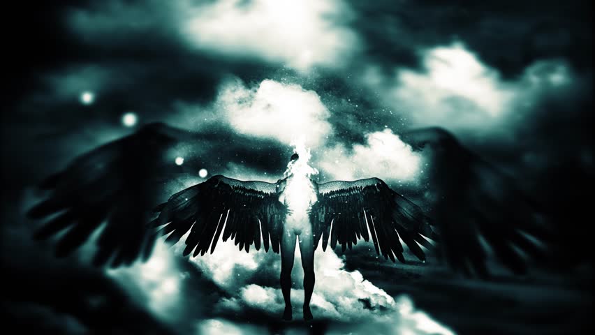 Winged dark angel holding divine flame. Animated 4K video