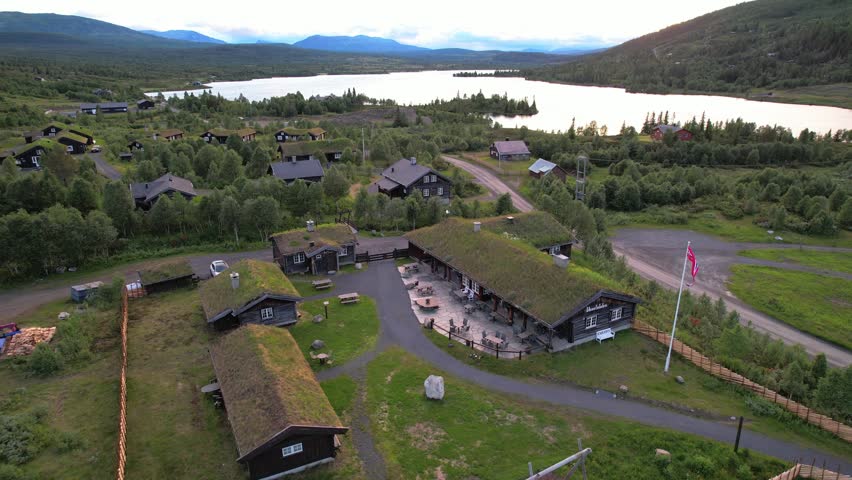 Houses with green roofs on the lake in Norway