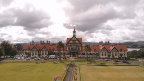 Aerial view of Museum and Bath House in Rotorua, New Zealand. September 2020.