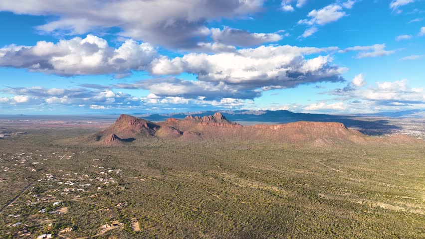 Panther Peak and Safford Peak aerial view with Sonoran Desert landscape in Tucson Mountain District in Saguaro National Park in city of Tucson, Arizona AZ, USA. 