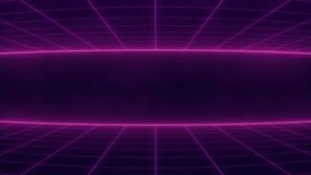 Camera drifts toward an 80s retro grid  background. 30-second seamless loop.