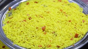 Adding Diced Beef Meat on Top of Kabsa Rice Serving Platter - Cooking Tutorials