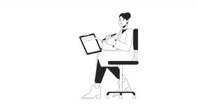 Doctor writing notes bw animation. Animated female physician on office chair 2D flat monochromatic thin line character. 4K video concept footage with alpha channel transparency for web design