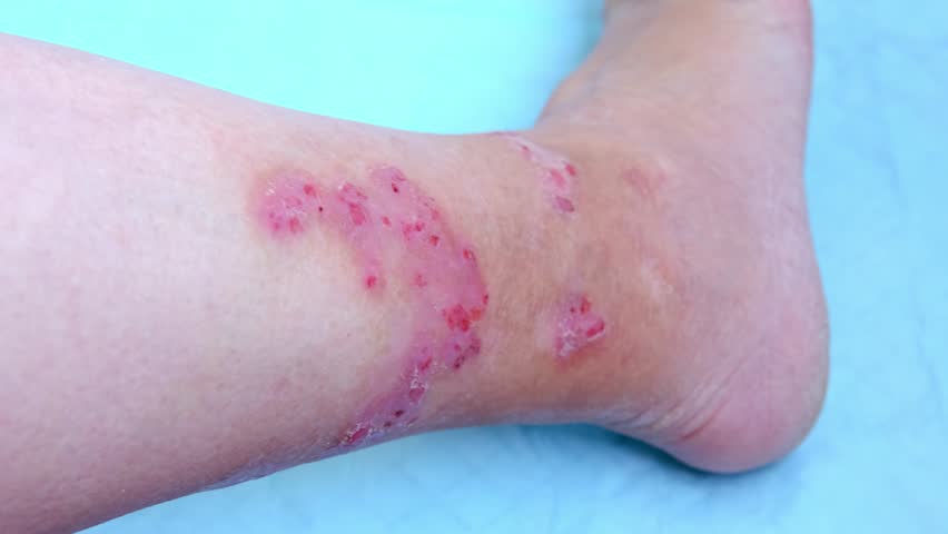 Close-up of human shin, numerous wounds on leg of adult female patient, redness, scarring, sores from scratching, burn, concept of medical care, self-harm to skin, human tissue regeneration | Shutterstock HD Video #1102746787
