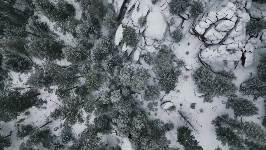 Top down spin motion mid Winter slow cinematic cold winter mountain forest and rocks Evergreen Colorado
