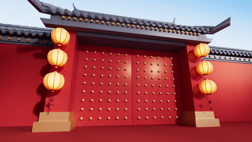 Chinese ancient door, traditional architecture, 3d rendering. Digital drawing.