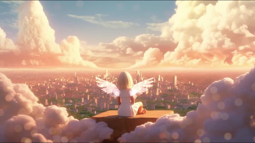 Angel with wings in front of the city