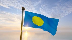 Palau national flag waving in beautiful blue sky. Flag of Palau waving in the wind, sky and sun background. Palau Flag Video. Realistic Animation, 4K UHD.