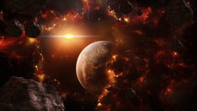Feature animation of outer space filled with celestial bodies and meteorites. The image of the planet is presented in bright yellow and dark red colors. Video in mp4 format.