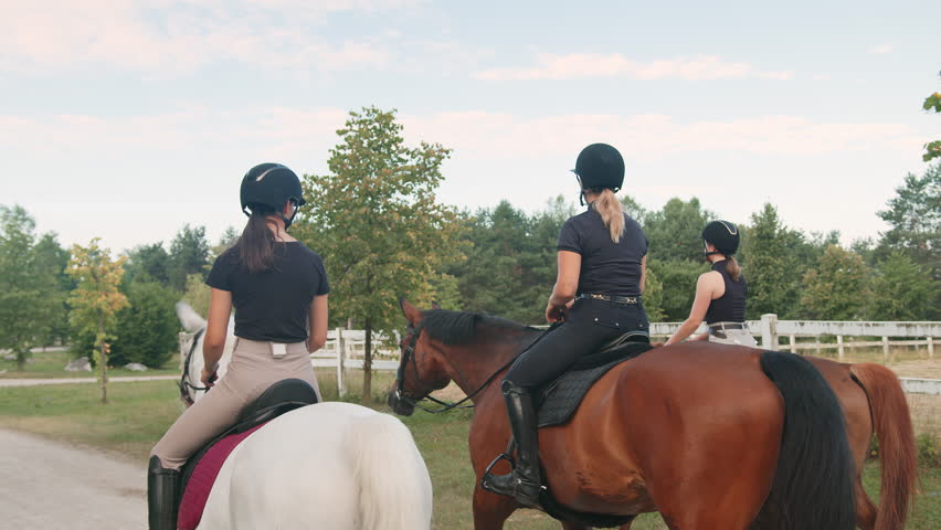 Rear view of three female riders riding horses side by side near white wood fencing, returning to the horse farm, tracking shot.