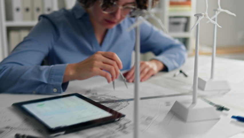 Energy, Energy business owners Conducts research measuring data on blueprints Windmill installation engineering design room, In slow motion Consultant woman working on a laptop in the office wind farm - Powered by Shutterstock - Get 15% off with code: PIKWIZARD15