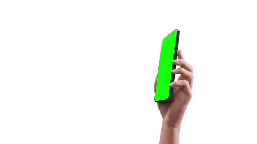 A woman is holding a smartphone with a blank screen in her hand, and the camera is smoothly rotating over the device's casing. The video includes clipping masks and a screen track layer - chroma key Royalty-Free Stock Footage #1102763419