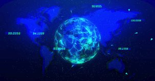 Animation of financial data processing over globe and world map. Global business, finances, computing and data processing concept digitally generated video.