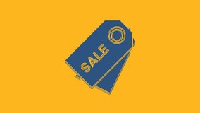 Blue Price tag with an inscription Sale icon isolated on orange background. Badge for price. Promo tag discount. 4K Video motion graphic animation.