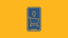 Blue Mobile phone and shopping cart icon isolated on orange background. Online buying symbol. Supermarket basket symbol. 4K Video motion graphic animation.