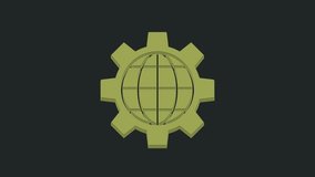 Green Globe of the Earth and gear or cog icon isolated on black background. Setting parameters. Global Options. 4K Video motion graphic animation.