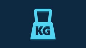 Blue Weight icon isolated on blue background. Kilogram weight block for weight lifting and scale. Mass symbol. 4K Video motion graphic animation.