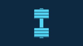 Blue Dumbbell icon isolated on blue background. Muscle lifting icon, fitness barbell, gym, sports equipment, exercise bumbbell. 4K Video motion graphic animation.