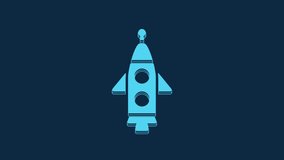 Blue Rocket ship icon isolated on blue background. Space travel. 4K Video motion graphic animation.