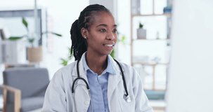 Black woman, medic and telehealth video call with computer, wave and hello for advice on internet. Female African doctor, talking and consulting for healthcare, wellness and communication on web app