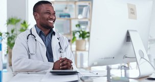 Computer, doctor or happy black man on a video call for a virtual meeting consultation or conversation. Telehealth help, wave or African nurse talking or communication online with thumbs up or smile